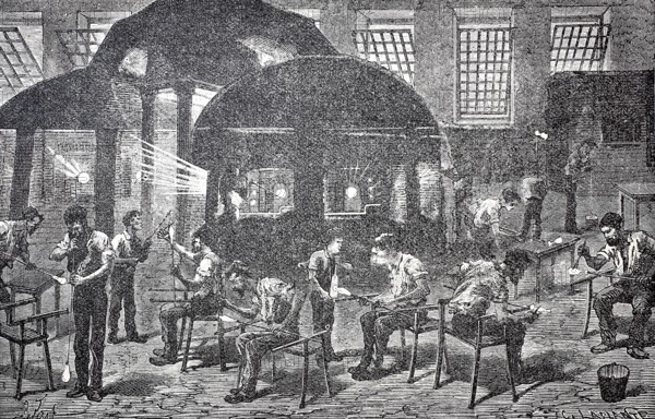 Workers in a glass factory around 1850, France, digitally enhanced reproduction of a 19th century