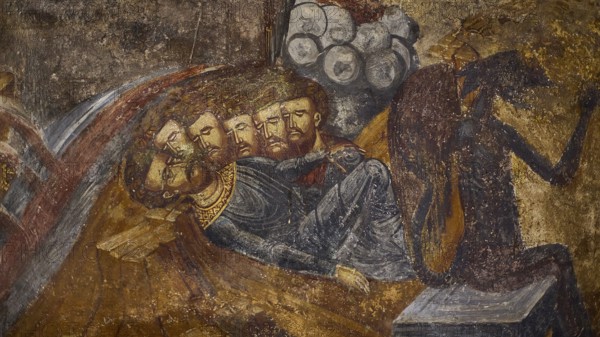 A fresco shows three crowned heads in a reclining pose next to a shadowy creature, Easter 2025,