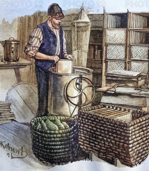 Beekeeper extracting honey, coloured wood engraving, reproduction of an original from ca 1888,