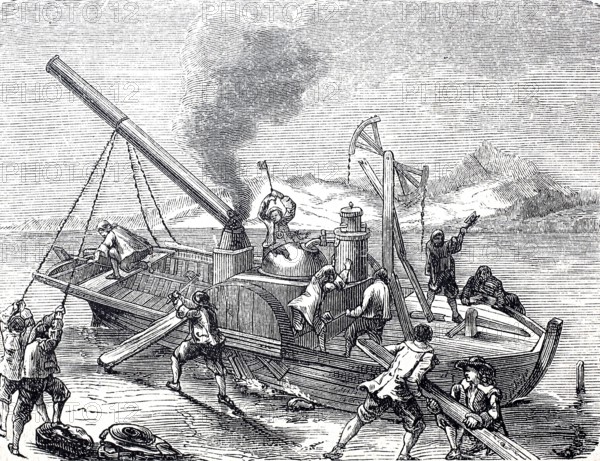 The people destroy the steamboat of Denis Papin (22 August 1647 to 26 August 1713), French