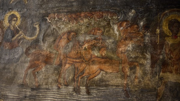 Fabulous creatures with horns and hooves appear in the fresco in an active and dynamic scene,
