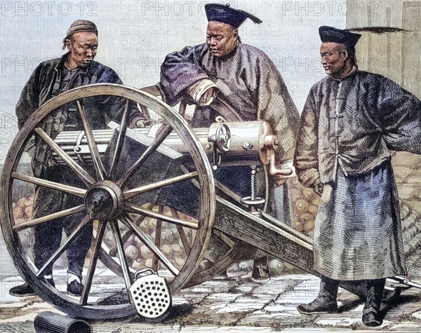 Artellerie personnel in China, coloured wood engraving, reproduction of a model from ca 1888,