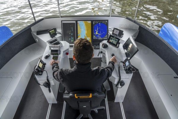 Research vessel Nova, on the Rhine, in the inland port of Ruhrort in Duisburg, 15 metre catamaran,