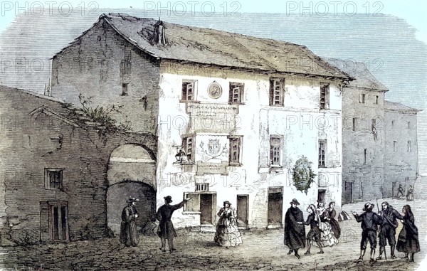 The house where Christopher Columbus was born in Cogoletto, Genoa, Italy, woodcut from 1864, Europe
