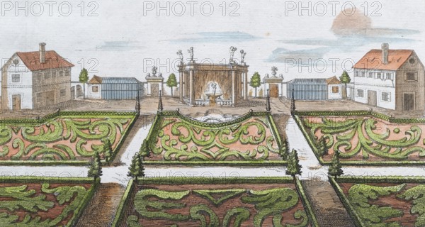 Baroque garden, detail, hand-coloured copper engraving or copper etching by Johann Christoph