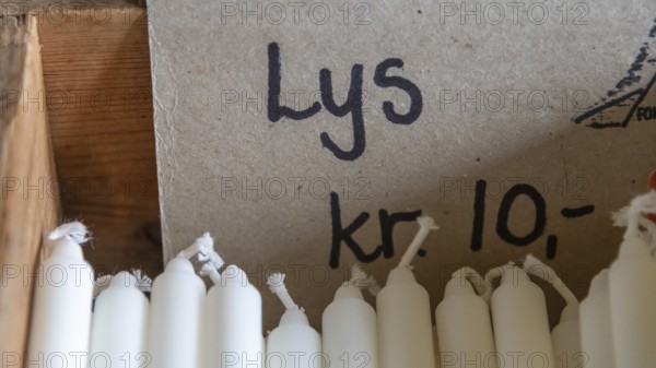 White candles are on sale for 10 kroner, chapel, Fokstugu farm, Fjellstue, pilgrim accommodation,