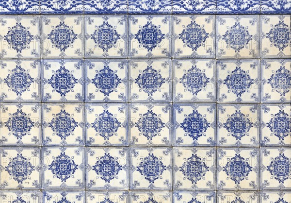 Details blue and white azulejos tiles, railway train station Ermida, River Douro valley, Resende,
