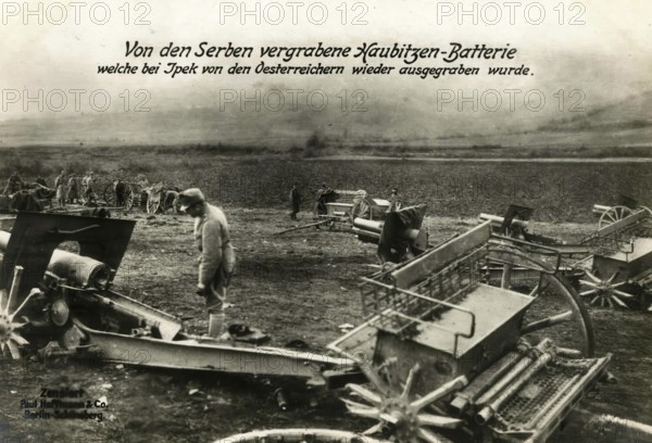Howitzer battery buried by the Serbs which was dug up again by the Austrians near Ipek, 1914 -