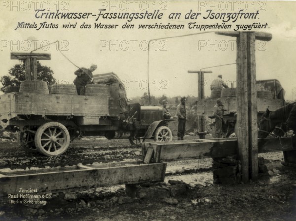 Drinking water collection point on the Isonzo front. The water is supplied to the various troop