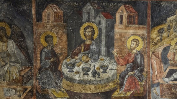 A fresco of the Last Supper with saints, dominating gold and brown tones, Easter 2025, Church of