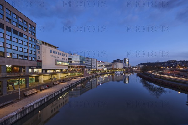 River Saar, modern architecture, trees, fashion shop, Primark, reflections on the water surface,
