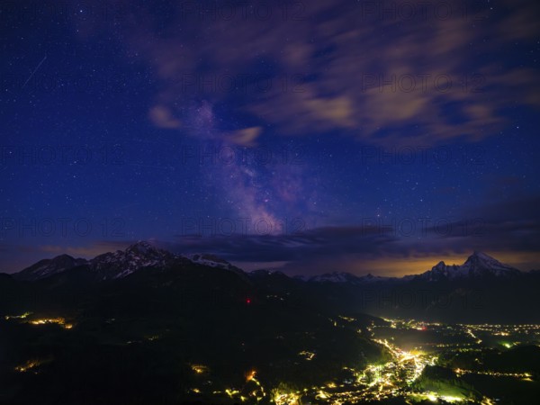 Milky Way over the valley basin of Berchtesgaden, behind Hoher Göll, Steinernes Meer and Watzmann,