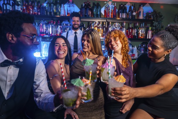 Cheerful multi ethnic friends raising cocktail glasses for a celebratory toast in a nightclub,