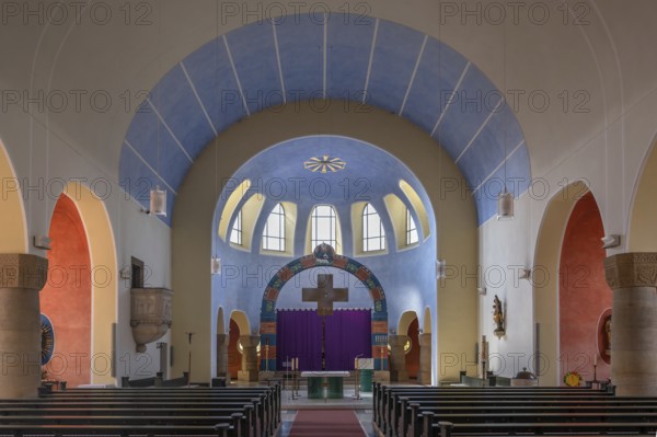 Interior with Lenten cloth in front of the altar in the church of St Stephanus, Art Nouveau