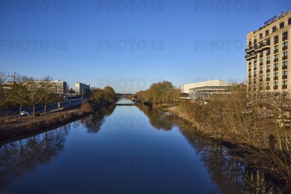 River Saar, trees, modern architecture, concrete architecture, Mercure Hotel, reflections on the
