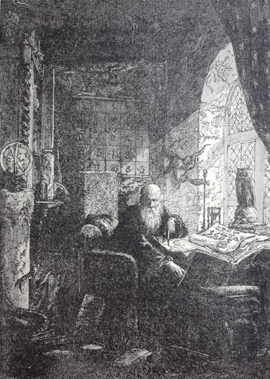 Alchemist in his laboratory, around 1800, digitally enhanced reproduction of a 19th century model,