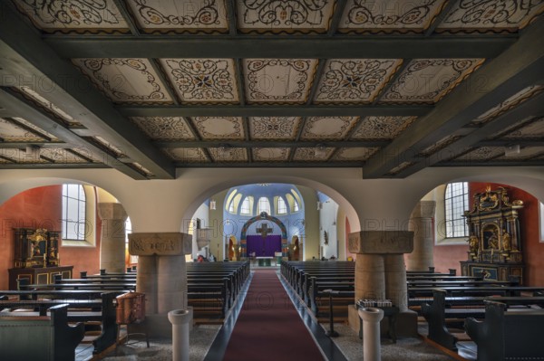 Interior with chancel of St Stephen's Church, Art Nouveau building with neo-Romanesque elements,