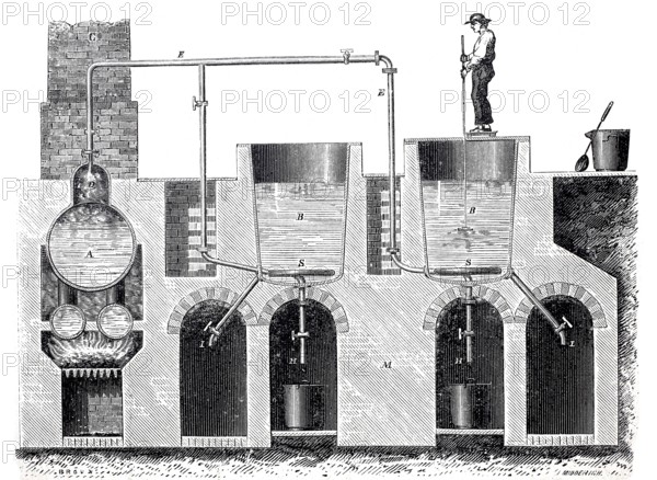 Worker on a soap boiler boiling soap with steam, around 1850, France, digitally enhanced