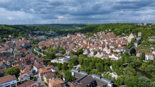 Town view of Schwäbisch Hall. View of the sights of the old town with the parish church of St