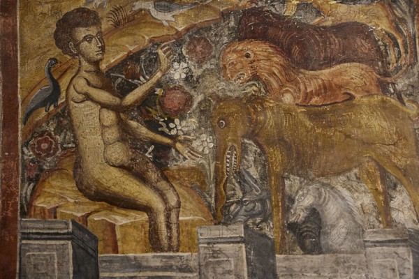 Fresco depicting Adam surrounded by animals in a lively and mystical setting, Easter 2025, Church