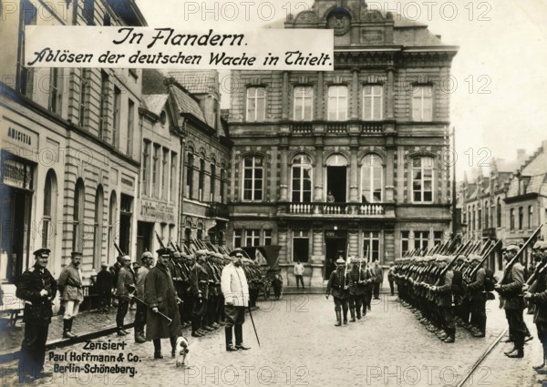In Flanders. Relieving the German guard in Thielt, 1914 - 1918, World War I, reproduction of a war