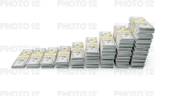 Rising stacks of money representing financial growth and wealth increase isolated on a white