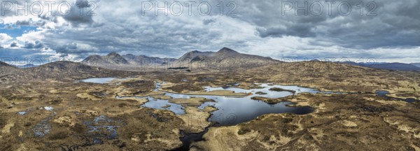 Panorama of Rannoch Moor from a drone over Loch Ba and Loch of the Armpit, A82 Highland Way, Argyll