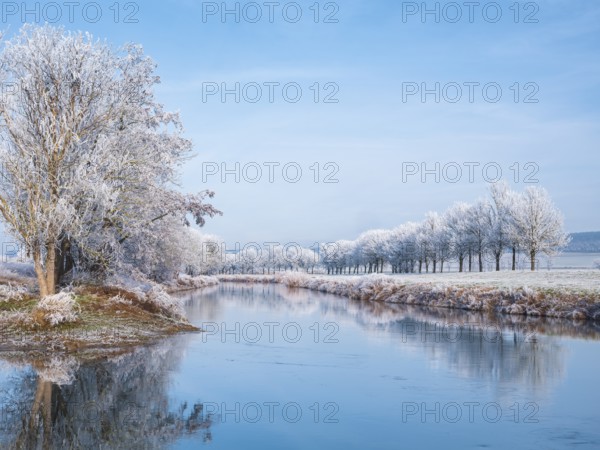 The river Unstrut in the Unstrut valley in winter, trees on the banks covered with hoarfrost,