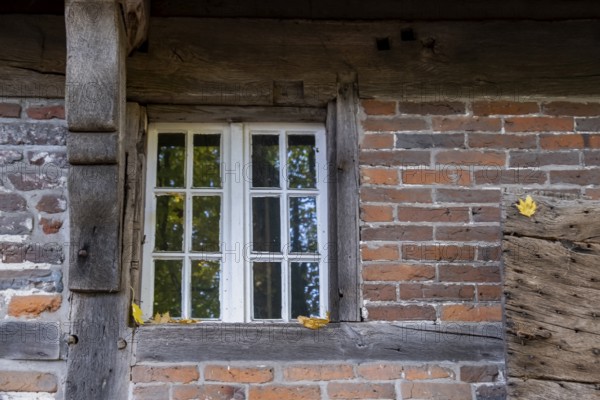 Window of a historic watermill, Münsterland, North Rhine-Westphalia, Germany, Europe