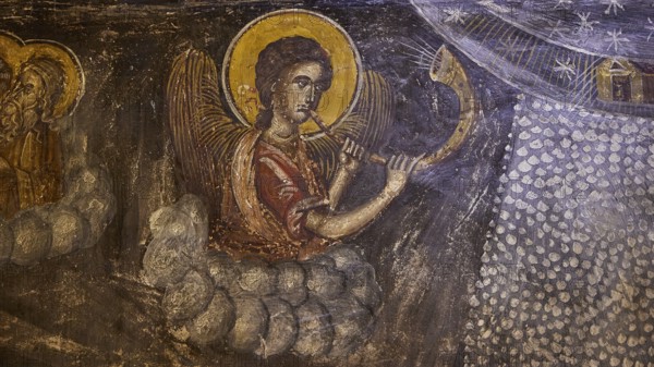 An angel in fresco playing a trumpet sits in clouds under a sparkling night sky, Easter 2025,
