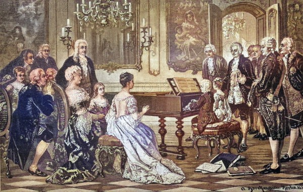 Mozart and his sister playing in front of Empress Maria Theresa, coloured wood engraving,