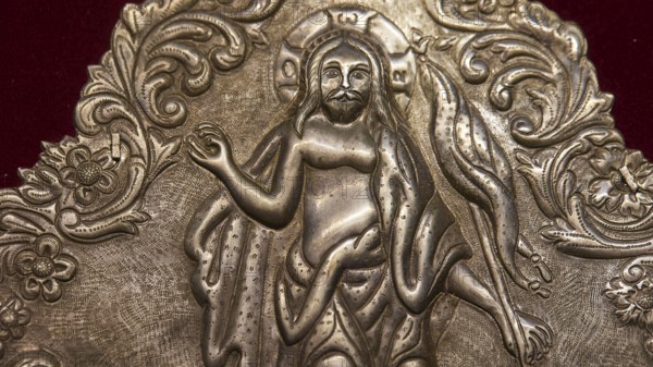 Silver engraved image of a saint with elaborate ornaments, Museum of Icon Painting, Thari