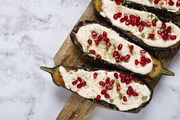 Fried eggplant with sauce, decorated with microgreens and pomegranate seeds, eggplant appetizer,