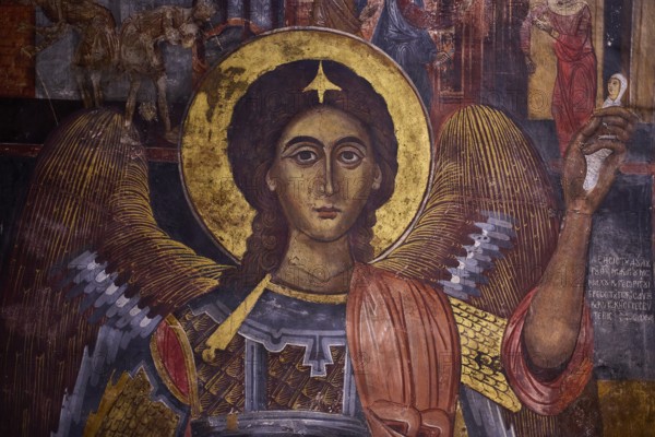 Fresco of an angel with golden halo and wings in Orthodox style, Easter 2025, Church of the