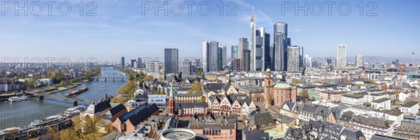 Frankfurt skyline skyscrapers in the city centre with Römer and river Main from above panorama in