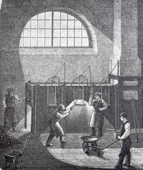 Worker at a puddling furnace, the puddling process was a widespread process in the 19th century for