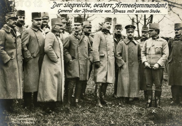 The victorious Austrian army commander, General of the Cavalry von Kövess with his staff, 1914 -