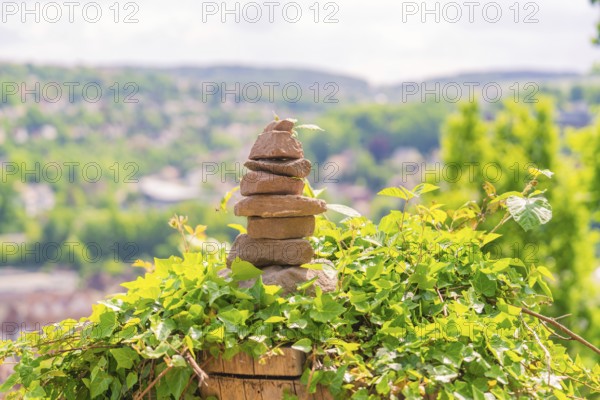 A stone tower sits on ivy, surrounded by green nature and an urban background, Panorama Holzsteg,