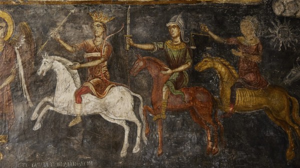 Medieval fresco showing riders on colourful horses depicting a symbolically charged scene, Easter