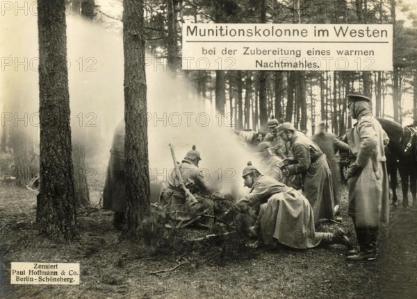 Ammunition column in the west preparing a hot supper, 1914 - 1918, World War I, reproduction of a
