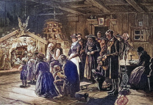 Christmas cot in Tyrol, Austria, coloured wood engraving, reproduction of a model from ca 1888,