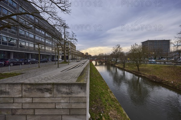 River Leine, general architecture, concrete wall, meadow, bare wintry trees, abstract reflections,