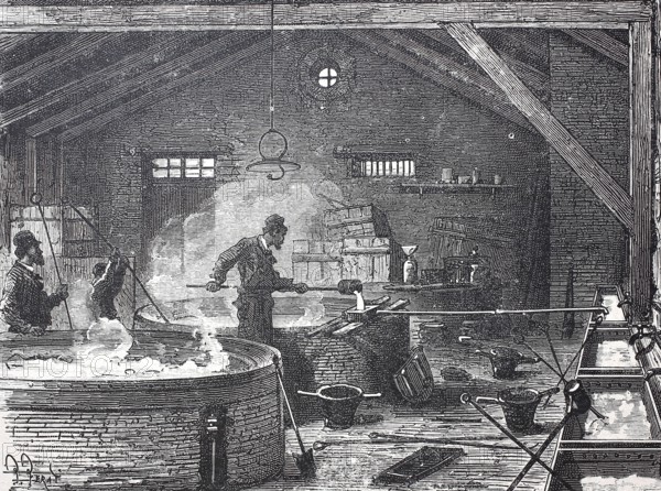 Workers in a soap factory with large vats, 1850, France, digitally enhanced reproduction of a 19th