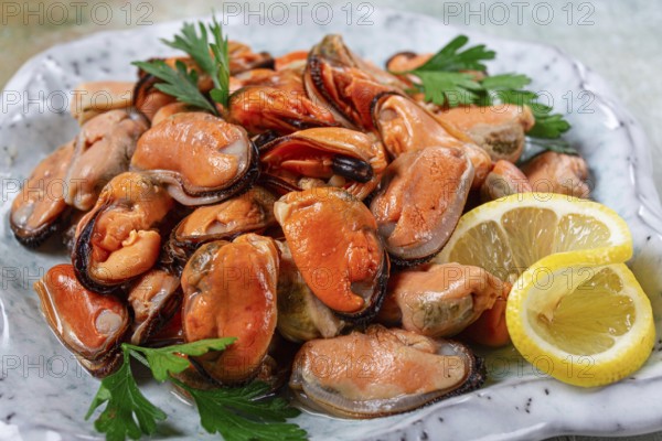 Mussels no shell, boiled, mussels, peeled, in a bowl, with lemon and parsley, Chilean mussels, top
