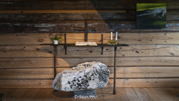 Simple iron-wrought altar and large natural stone, chapel, Fokstugu farm, Fjellstue, pilgrim