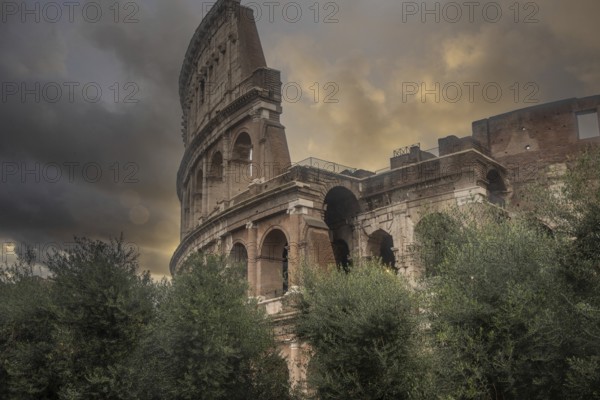 Rainy weather in the morning, sunrise in an ancient historic city and the sight of the Colosseum,