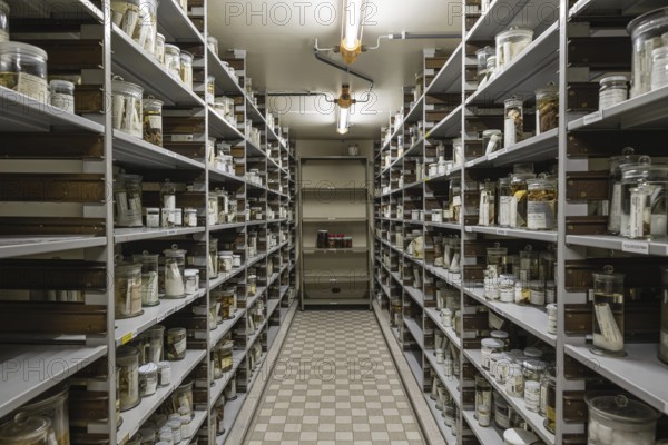 Brussels Capital Region, Belgium, 03 19 2022, Isle with shelves in the archive of the museum for