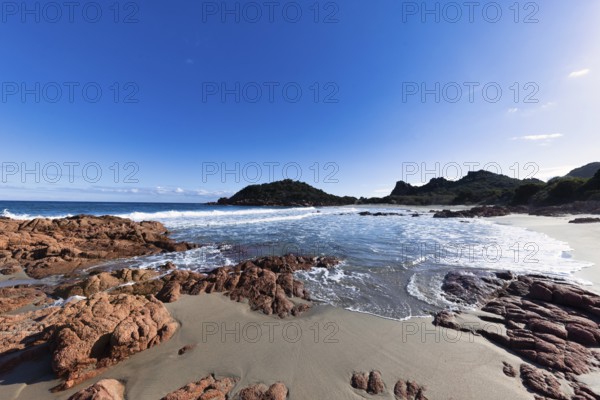 Bay with beautiful beach and sea in the sunshine, Spiaggia di Su Sirboni, Ogliastra, Sardinia,