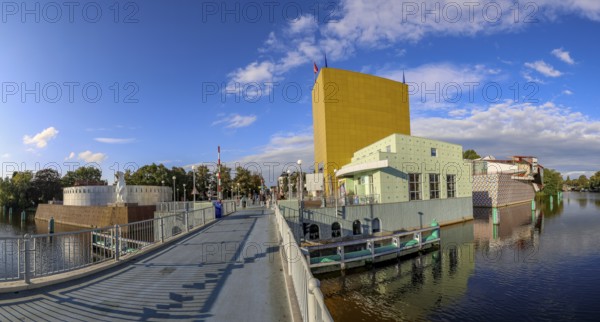 Panoramic photo of the Futurist Groninger Museum on the Werkmanbrug bridge on the Zuiderhaven