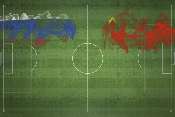 Russia vs China Soccer Match, national colors, national flags, soccer field, football game,